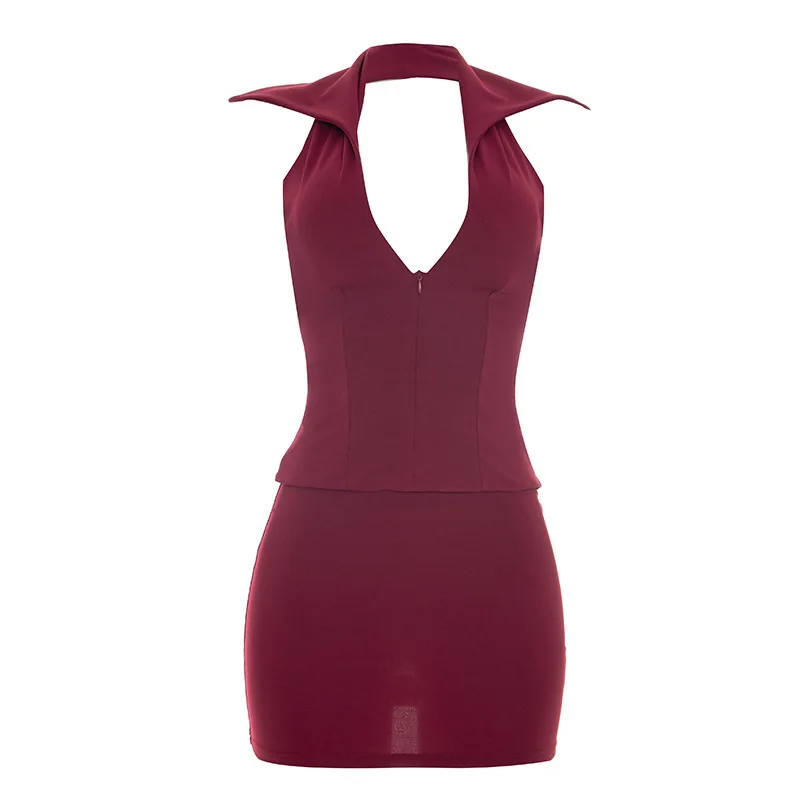 European and American new sexy solid color women's turn-down collar sleeveless zipper top+ wrapper hip half skirt two-piece set
European and American new sexy solid color women's turn-down collar sleeveless zipper top+ wrapper hip half skirt two-piece set