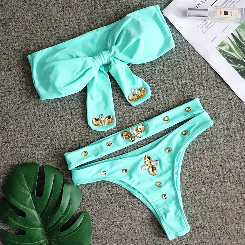 Women's Bikini Knot Strapless Split Swimwear Sexy Crystal Diamond High Waist Bikini
Women's Bikini Knot Strapless Split Swimwear Sexy Crystal Diamond High Waist Bikini