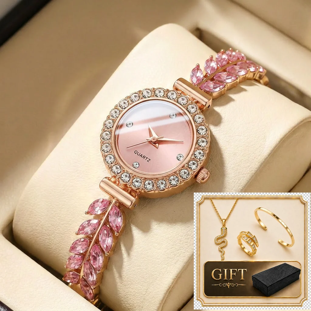 4pcs gift box set Women's pink dial alloy strap fashion jewelry details Quartz Watch Gift Box Set for party holiday
4pcs gift box set Women's pink dial alloy strap fashion jewelry details Quartz Watch Gift Box Set for party holiday