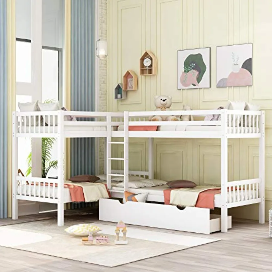Twin L-Shaped Wood Quad Bunk Bed with Storage Drawer, Modern Solid Pine Wood Bunk Bed with High Guardrail for Small Space, Dorm
Twin L-Shaped Wood Quad Bunk Bed with Storage Drawer, Modern Solid Pine Wood Bunk Bed with High Guardrail for Small Space, Dorm