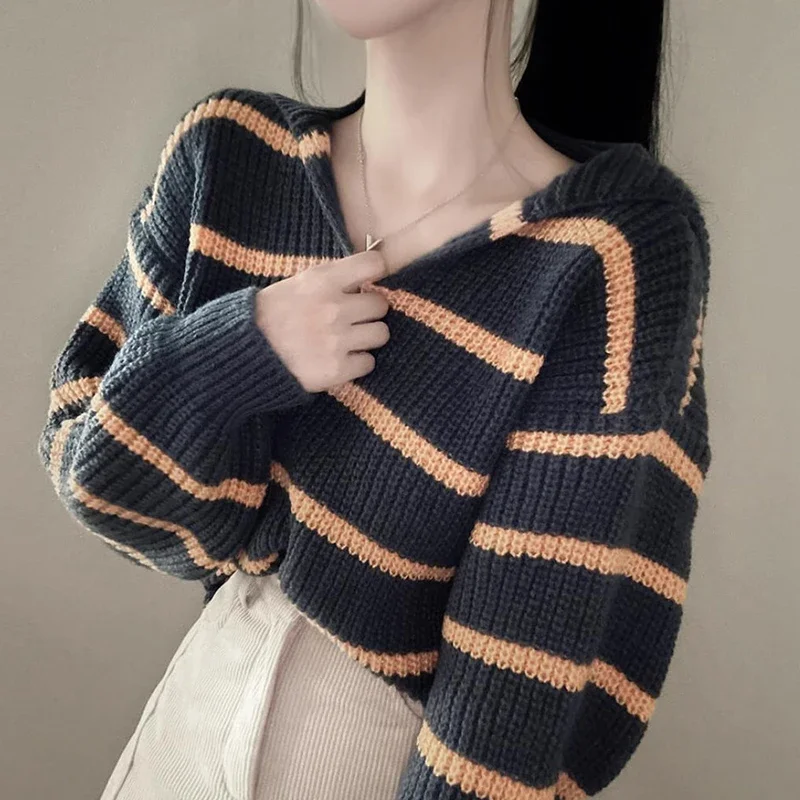 Striped Knitted Sweater Women Korean Chic Retro Sailor Collar Loose Pullover Autumn Winter Casual Long Sleeve Base Tops
Striped Knitted Sweater Women Korean Chic Retro Sailor Collar Loose Pullover Autumn Winter Casual Long Sleeve Base Tops