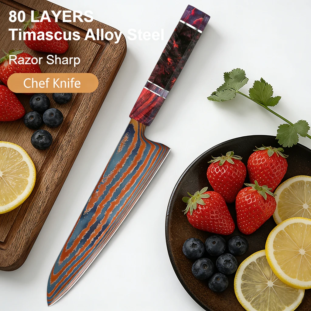 8 inch Damascus steel kitchen chef knife Timascus knife blade Titanium Cut Vegetable and Meat Stabilized Colored Wood Handle
8 inch Damascus steel kitchen chef knife Timascus knife blade Titanium Cut Vegetable and Meat Stabilized Colored Wood Handle