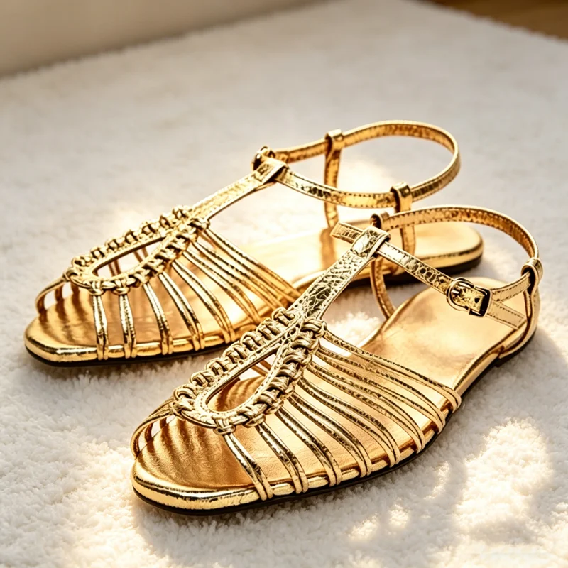 NEW Style Cage Flat Sandals Women Metallic Finish Ankle Strap Buckle Gladiator Sandals for Girls Summer Luxury Designer Shoes
NEW Style Cage Flat Sandals Women Metallic Finish Ankle Strap Buckle Gladiator Sandals for Girls Summer Luxury Designer Shoes