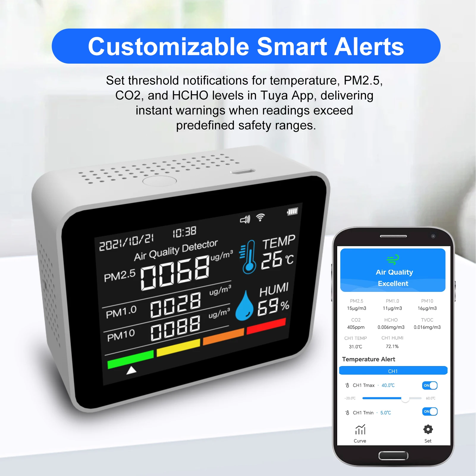 12-in-1 Air Quality Detector Tuya smart WIFI APP CO2,PM2.5,HCHO,humidity,Temperature,time,date with 2.8" Color Display for Home
12-in-1 Air Quality Detector Tuya smart WIFI APP CO2,PM2.5,HCHO,humidity,Temperature,time,date with 2.8" Color Display for Home