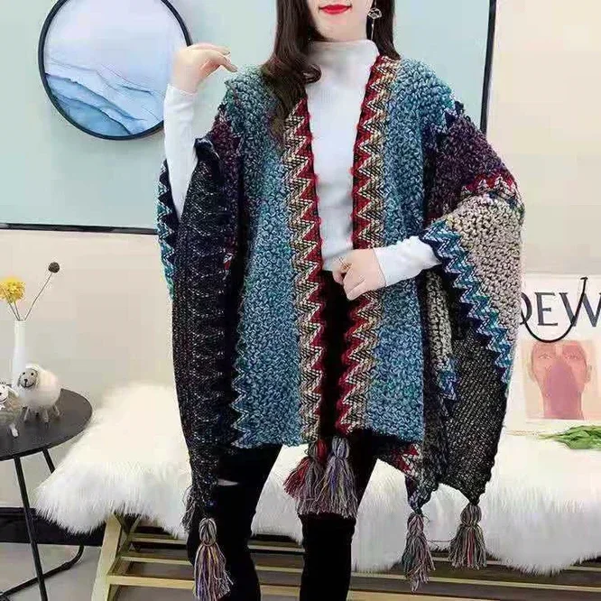 Women Knitting Poncho Capes Autumn New Female Fashion Bohemian Poncho Cloak Tassel Winter Clothing Cardigan Scarf Tibet Blue
Women Knitting Poncho Capes Autumn New Female Fashion Bohemian Poncho Cloak Tassel Winter Clothing Cardigan Scarf Tibet Blue
