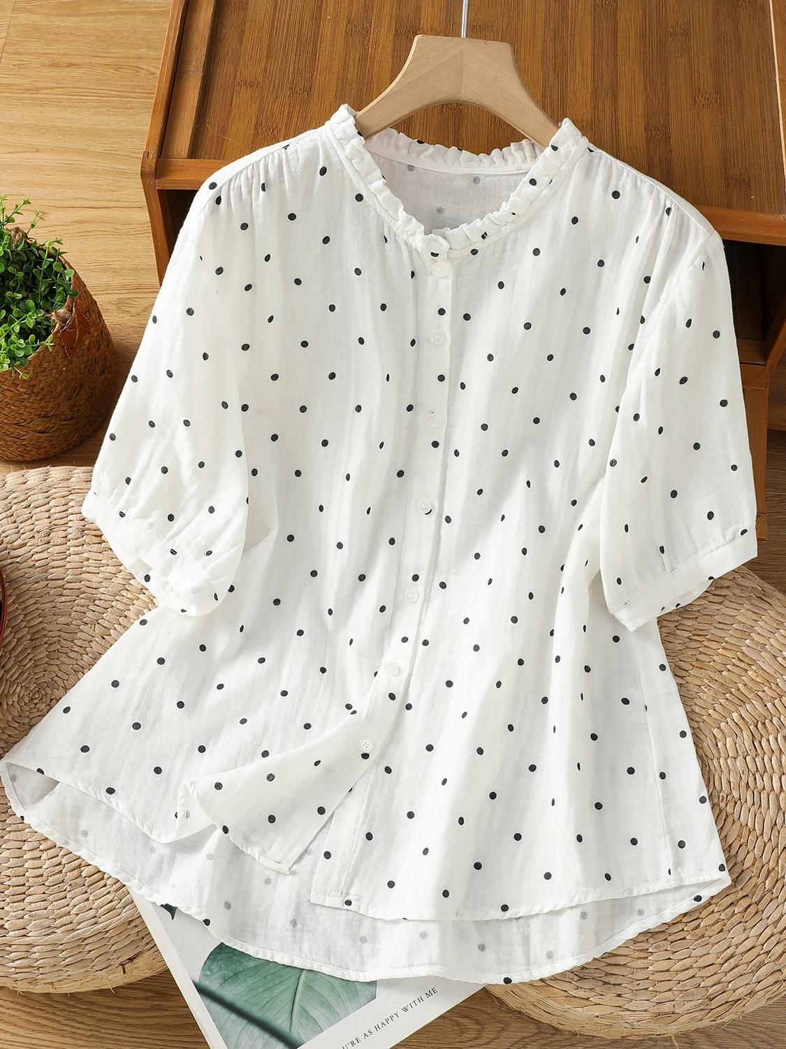 Loose Fit Cotton Linen irt Women Summer Slim round Ne Polka Dot Top High End Japanese Sle plus Size Casual Workwear
Loose Fit Cotton Linen irt Women Summer Slim round Ne Polka Dot Top High End Japanese Sle plus Size Casual Workwear