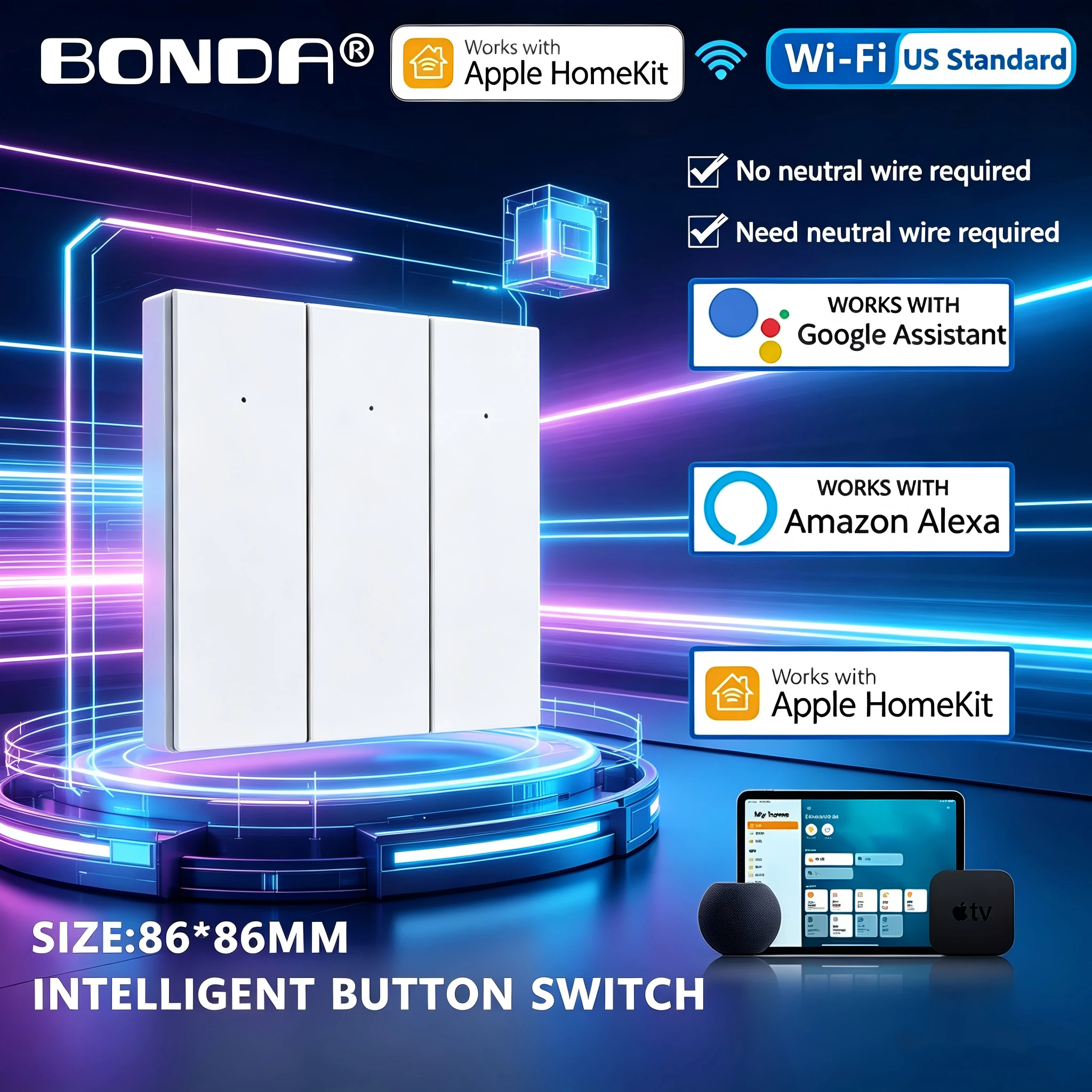 BONDA Button Smart Switch EU Standard Touch Sensor Light Switch Wall Smart Home Siri Voice Control 3-way No Neutral Required Wif
BONDA Button Smart Switch EU Standard Touch Sensor Light Switch Wall Smart Home Siri Voice Control 3-way No Neutral Required Wif