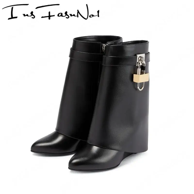 Shark Lock Leather Knee-high Boots Women Calfskin Slip On Black Designer Shoes New Fold-over Shafts High Wedge Heel Ladies Boots