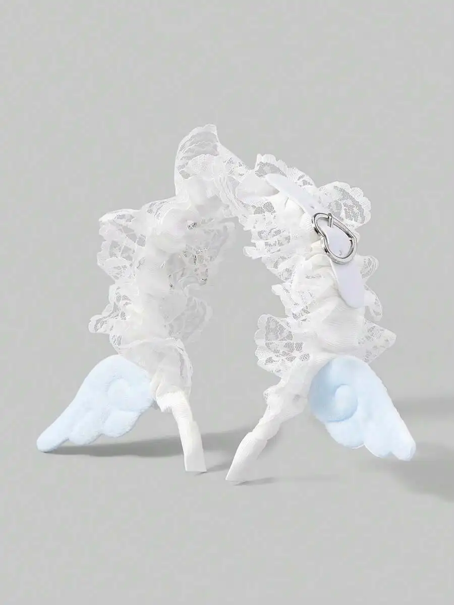 White Lace Headband With Pastel Blue Angel Wings And Metal Heart Buckle Charm
White Lace Headband With Pastel Blue Angel Wings And Metal Heart Buckle Charm