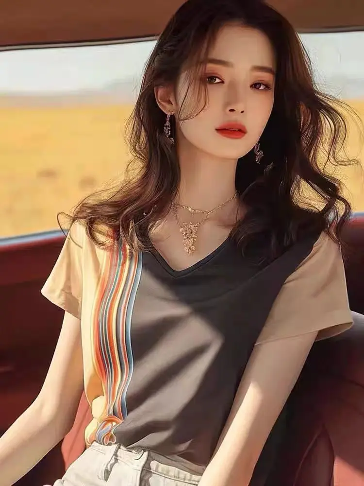 Summer Korean Chic Fashionable Round Neck Short-sleeved T-shirt Loose and Versatile Striped Contrasting Color Pullover 
Summer Korean Chic Fashionable Round Neck Short-sleeved T-shirt Loose and Versatile Striped Contrasting Color Pullover