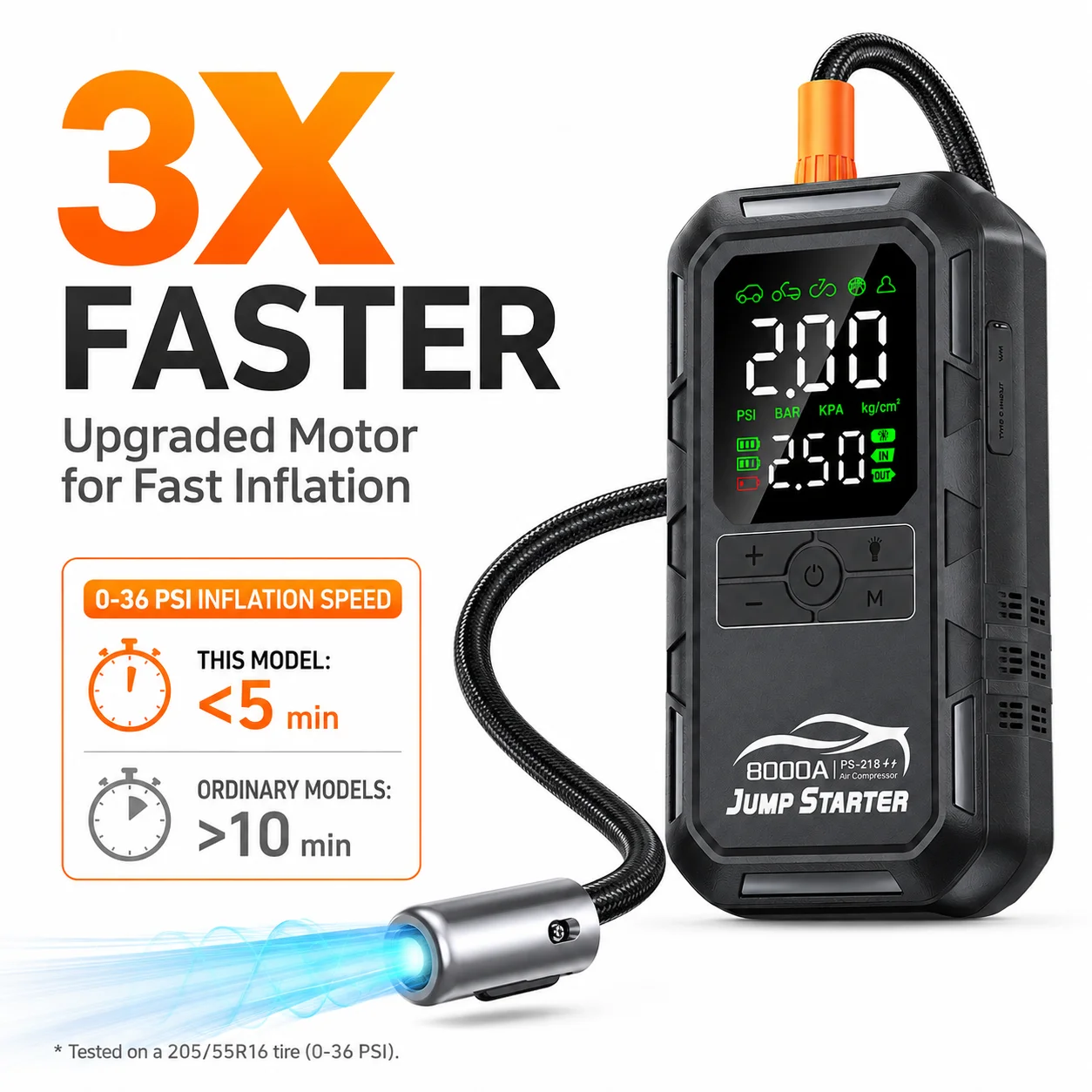 Portable Car Jump Starter with Air Compressor, 12V Emergency Battery Booster and Tire Inflator Pump
Portable Car Jump Starter with Air Compressor, 12V Emergency Battery Booster and Tire Inflator Pump