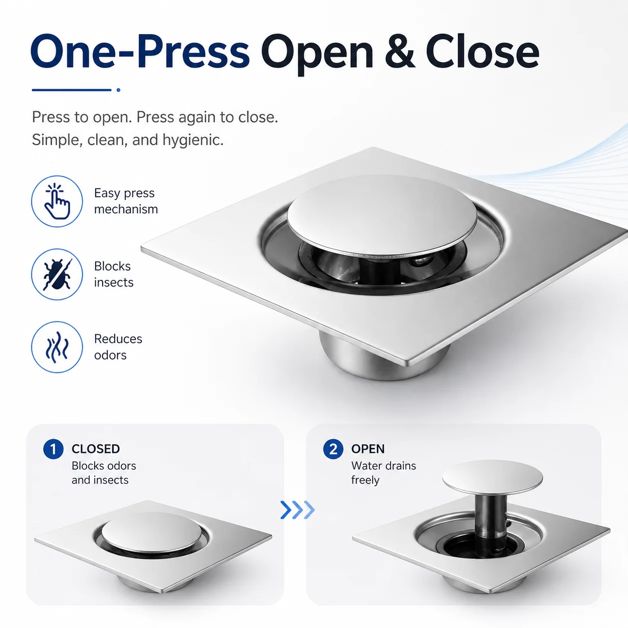 Press-To-Bounce Floor Drain, Stainless Steel, One-Press Open/Close, Insect & Odor Prevention, 10x10cm for Bathroom Kitchen
Press-To-Bounce Floor Drain, Stainless Steel, One-Press Open/Close, Insect & Odor Prevention, 10x10cm for Bathroom Kitchen