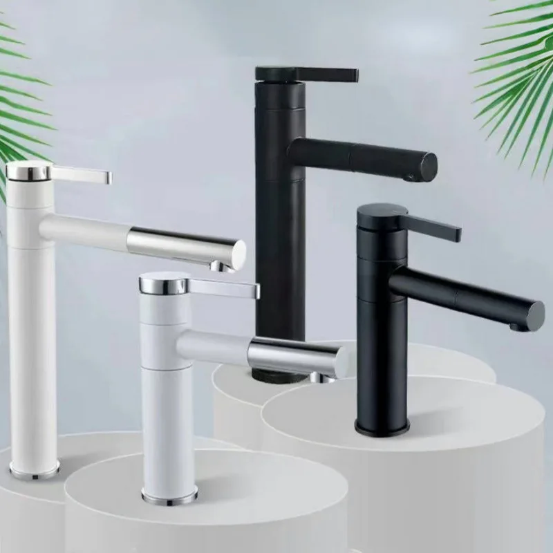 Hot and cold basin faucet heightened upper , black lower , white rotating faucet, bathroom, simple bathroom.
Hot and cold basin faucet heightened upper , black lower , white rotating faucet, bathroom, simple bathroom.