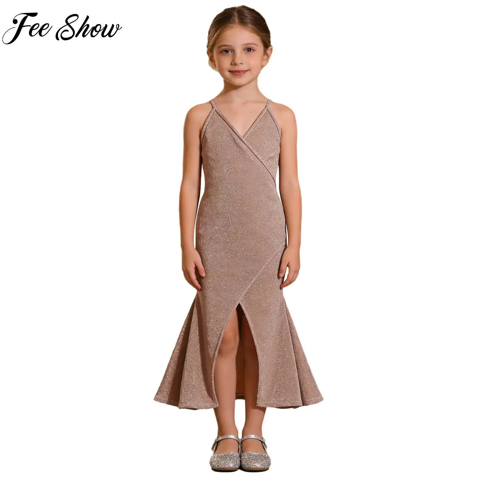 Kids Girls Split Birthday Party Dress Shimmery Solid Color V-Neck Adjustable Spaghetti-Straps Dress for Ballet Stage Performance
Kids Girls Split Birthday Party Dress Shimmery Solid Color V-Neck Adjustable Spaghetti-Straps Dress for Ballet Stage Performance