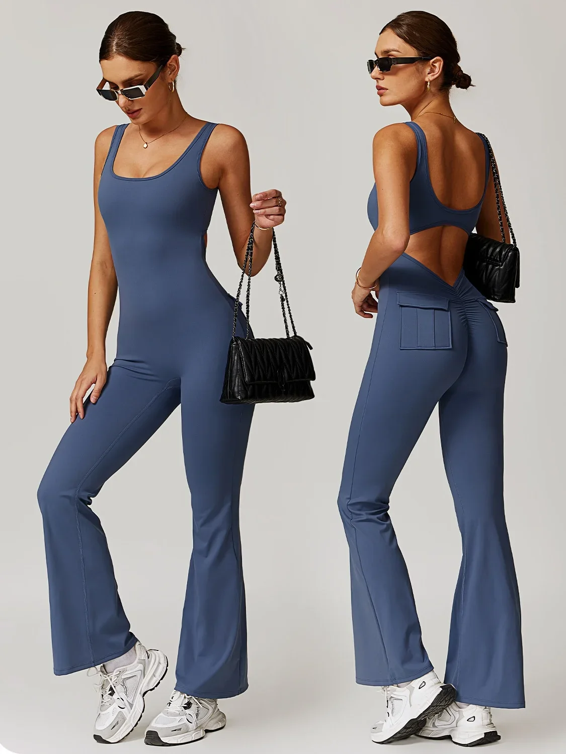 Women's Workout Flare Romper Hollow Out Backless Yoga Jumpsuit Sleeveless Multi Pocket Sports Hip Lifting Fitness One Piece Suit
Women's Workout Flare Romper Hollow Out Backless Yoga Jumpsuit Sleeveless Multi Pocket Sports Hip Lifting Fitness One Piece Suit