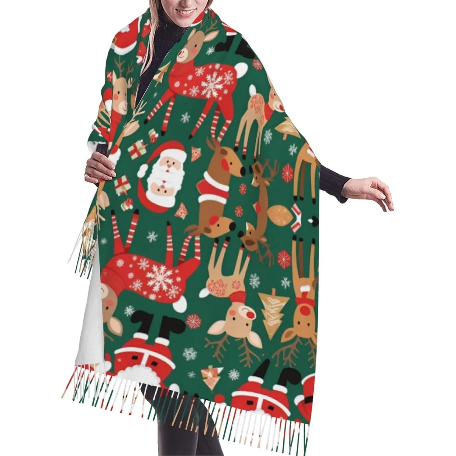 Шарф с бахромой и принтом Санта-Клауса и рождественского оленя, женская шаль, модный длинный шарф на весну, осень или зиму.
Шарф с бахромой и принтом Санта-Клауса и рождественского оленя, женская шаль, модный длинный шарф на весну, осень или зиму.