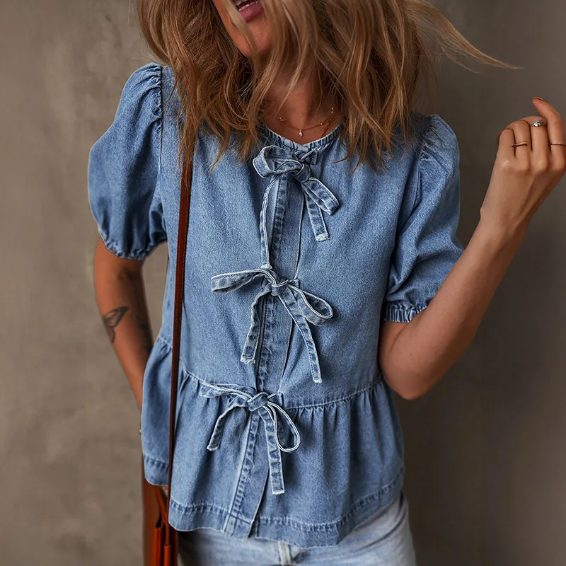 Denim Shirts Women Blouse Bow Lace Up Round Collar Short Sleeves Streetwear Female Washed Overshirt 2026 Summer Vintage Top
Denim Shirts Women Blouse Bow Lace Up Round Collar Short Sleeves Streetwear Female Washed Overshirt 2026 Summer Vintage Top