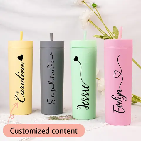 Custom Name Matte Skinny Acrylic Tumbler, Slim Travel Cup With Straw For Women.