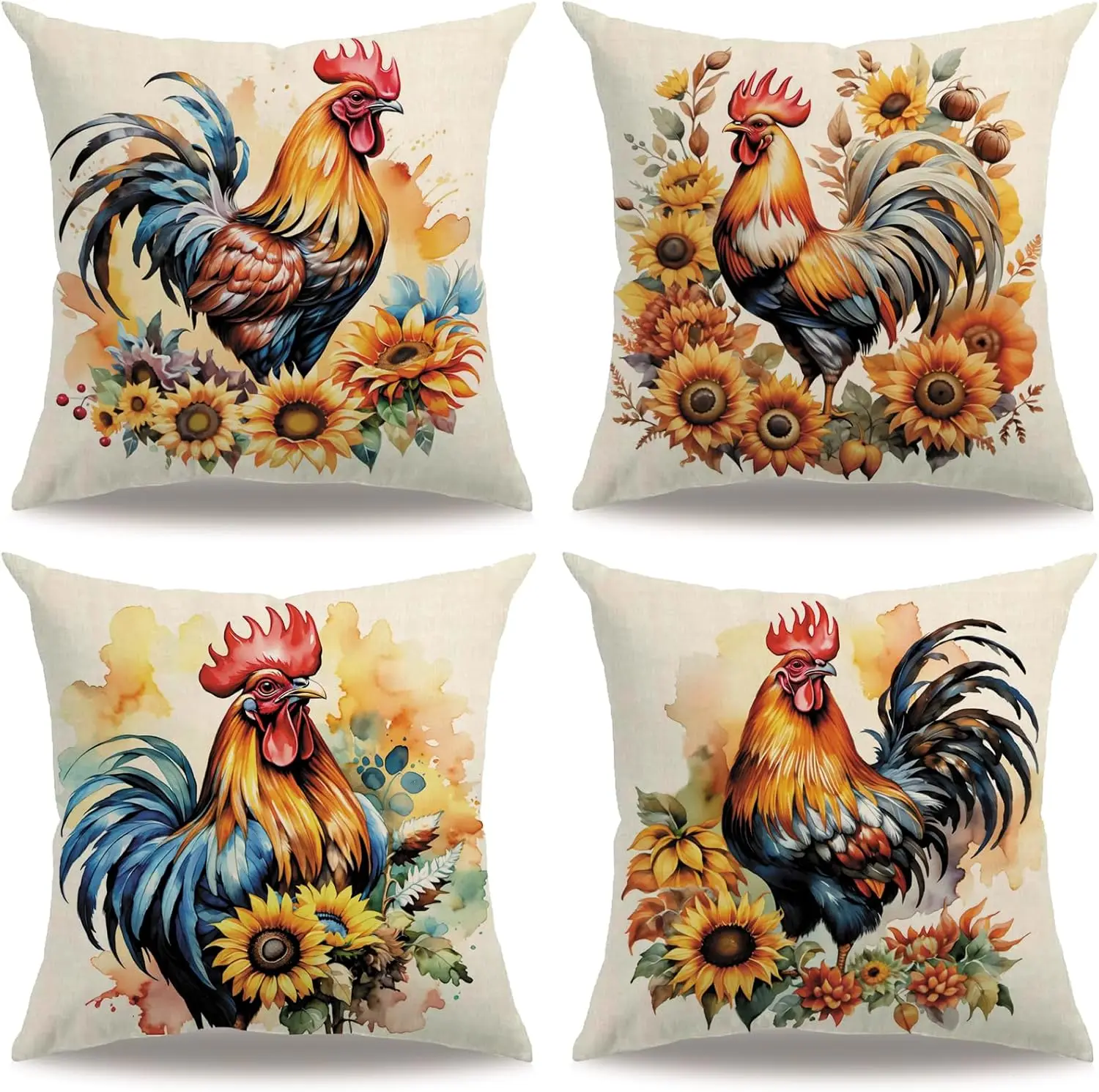4Pcs Rustic Rooster Throw Pillow Covers with Sunflower and Watercolor Pattern Cushion Cases for Study Lounge Hotel Room Home
4Pcs Rustic Rooster Throw Pillow Covers with Sunflower and Watercolor Pattern Cushion Cases for Study Lounge Hotel Room Home