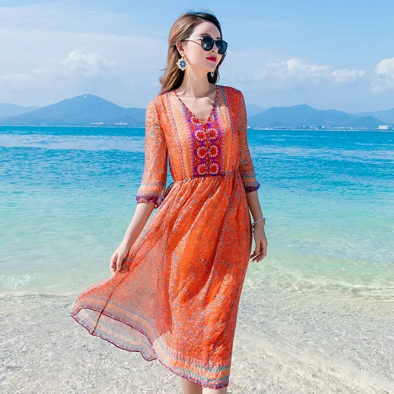 Summer Dress Women 2024 New Thin Slim Printing Silk Dress High Waisted A-line Elegant Dresses For Women Vestidos De Mujer Zm2943
Summer Dress Women 2024 New Thin Slim Printing Silk Dress High Waisted A-line Elegant Dresses For Women Vestidos De Mujer Zm2943