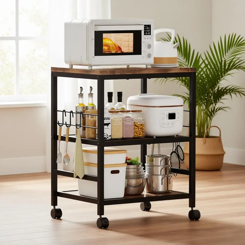 Rustic Brown & Black 3-Tier Microwave Cart with Storage, 22.4W Rolling Kitchen Utility Stand, 5 Hooks
Rustic Brown & Black 3-Tier Microwave Cart with Storage, 22.4W Rolling Kitchen Utility Stand, 5 Hooks