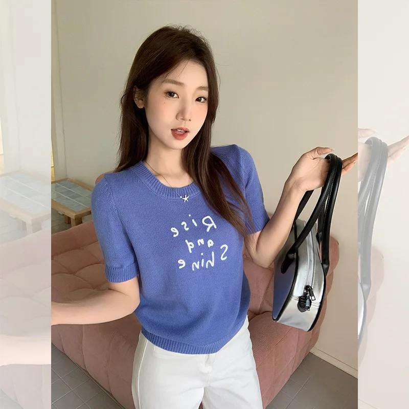 Threaded Round Neck Letter Embroidery Short Sleeve Women's T-Shirt Summer New Loose Slimming Unique Textured Knitted Top
Threaded Round Neck Letter Embroidery Short Sleeve Women's T-Shirt Summer New Loose Slimming Unique Textured Knitted Top