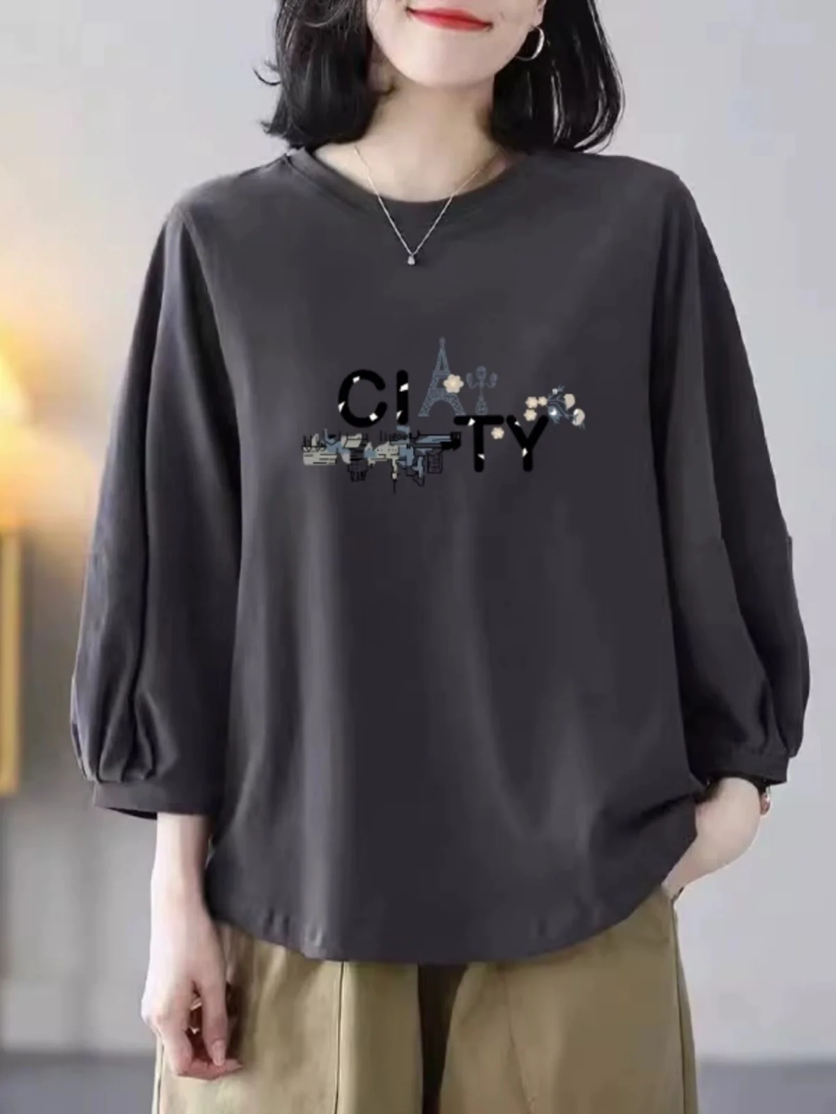 100% Pure Cotton Lantern Sleeve Seven-Foot-Tee Loose And Stylish Spring Autumn Top for Women Large Size Casual round Neck Print
100% Pure Cotton Lantern Sleeve Seven-Foot-Tee Loose And Stylish Spring Autumn Top for Women Large Size Casual round Neck Print