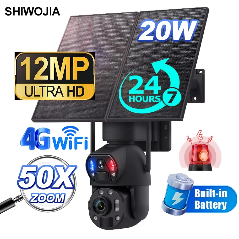 SHIWOJIA 50X ZOOM 4G Solar Security Camera 12MP 20W Solar Panel 20000mAh Battery Outdoor WIFI Solar Powered Surveillance Cameras 
SHIWOJIA 50X ZOOM 4G Solar Security Camera 12MP 20W Solar Panel 20000mAh Battery Outdoor WIFI Solar Powered Surveillance Cameras