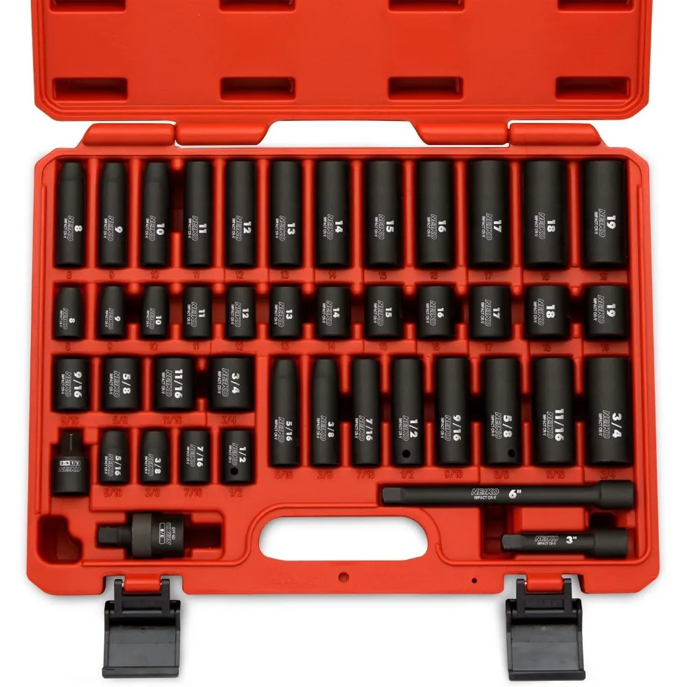3/8 Inch Drive Impact Socket Set SAE 5/16 to 3/4 Metric 8mm to 19mm with Extension Bars and U Joint 44 Pcs
3/8 Inch Drive Impact Socket Set SAE 5/16 to 3/4 Metric 8mm to 19mm with Extension Bars and U Joint 44 Pcs