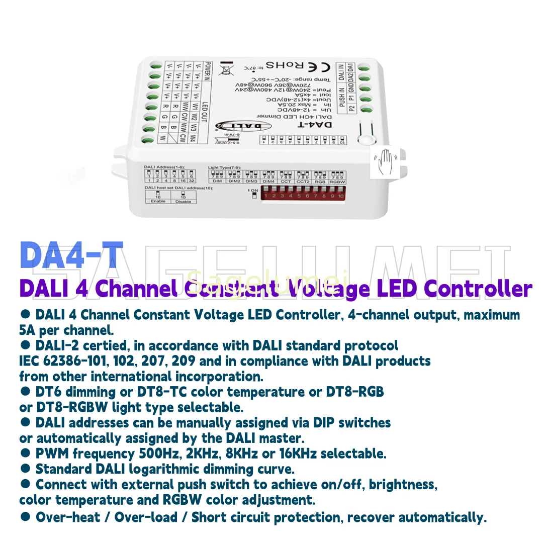 DA4-T DALI Dimmer DT6 DT8 Constant Voltage Push Switch Dimmer for Single Color CCT RGB RGBW Dimmable LED Light 4CH*5A 12-48VDC
DA4-T DALI Dimmer DT6 DT8 Constant Voltage Push Switch Dimmer for Single Color CCT RGB RGBW Dimmable LED Light 4CH*5A 12-48VDC
