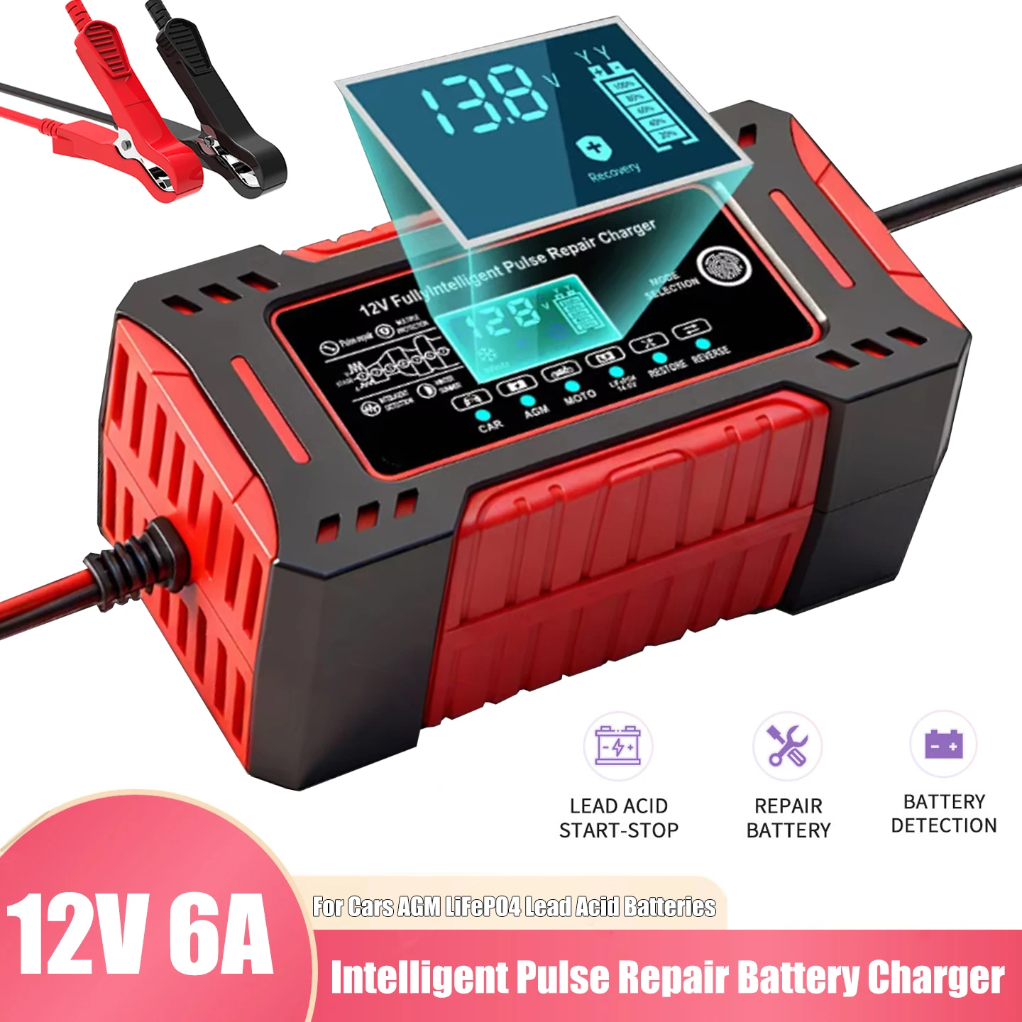 Multi-Function 12V 6A Battery Maintainer 6-Mode Automatic Charger for Car Motorcycle SUV Yacht AGM LiFePO4 Lead-Acid Battery
Multi-Function 12V 6A Battery Maintainer 6-Mode Automatic Charger for Car Motorcycle SUV Yacht AGM LiFePO4 Lead-Acid Battery