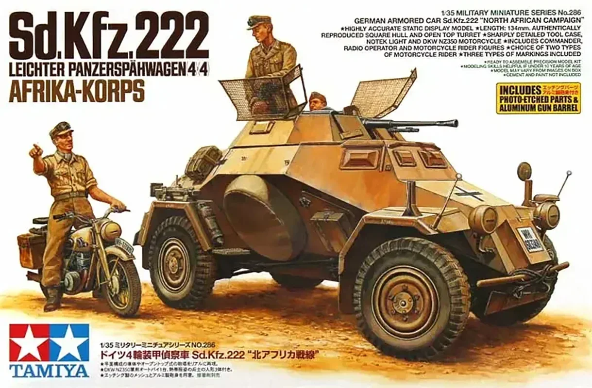 Tamiya 1/35 35286 German Sd.kfz.222 Leichter Panzerspahwagen Afrika-korps Car Assembly Model Kits Static Toys Hobby DIY
Tamiya 1/35 35286 German Sd.kfz.222 Leichter Panzerspahwagen Afrika-korps Car Assembly Model Kits Static Toys Hobby DIY