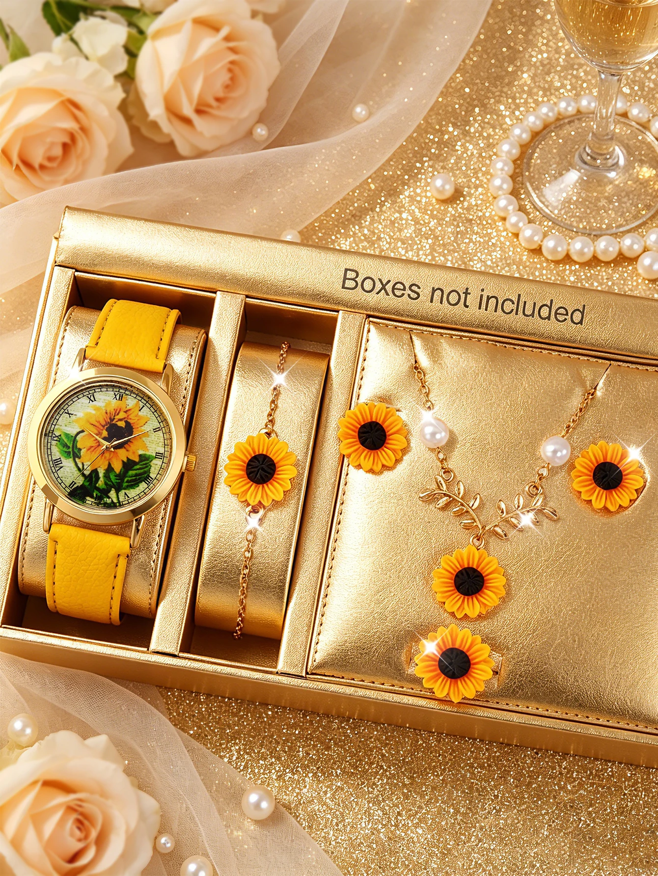 Ladies Casual Fashion Sunflower Element Watch And Jewelry Set Versatile for Daily Vacation Gift Set
Ladies Casual Fashion Sunflower Element Watch And Jewelry Set Versatile for Daily Vacation Gift Set