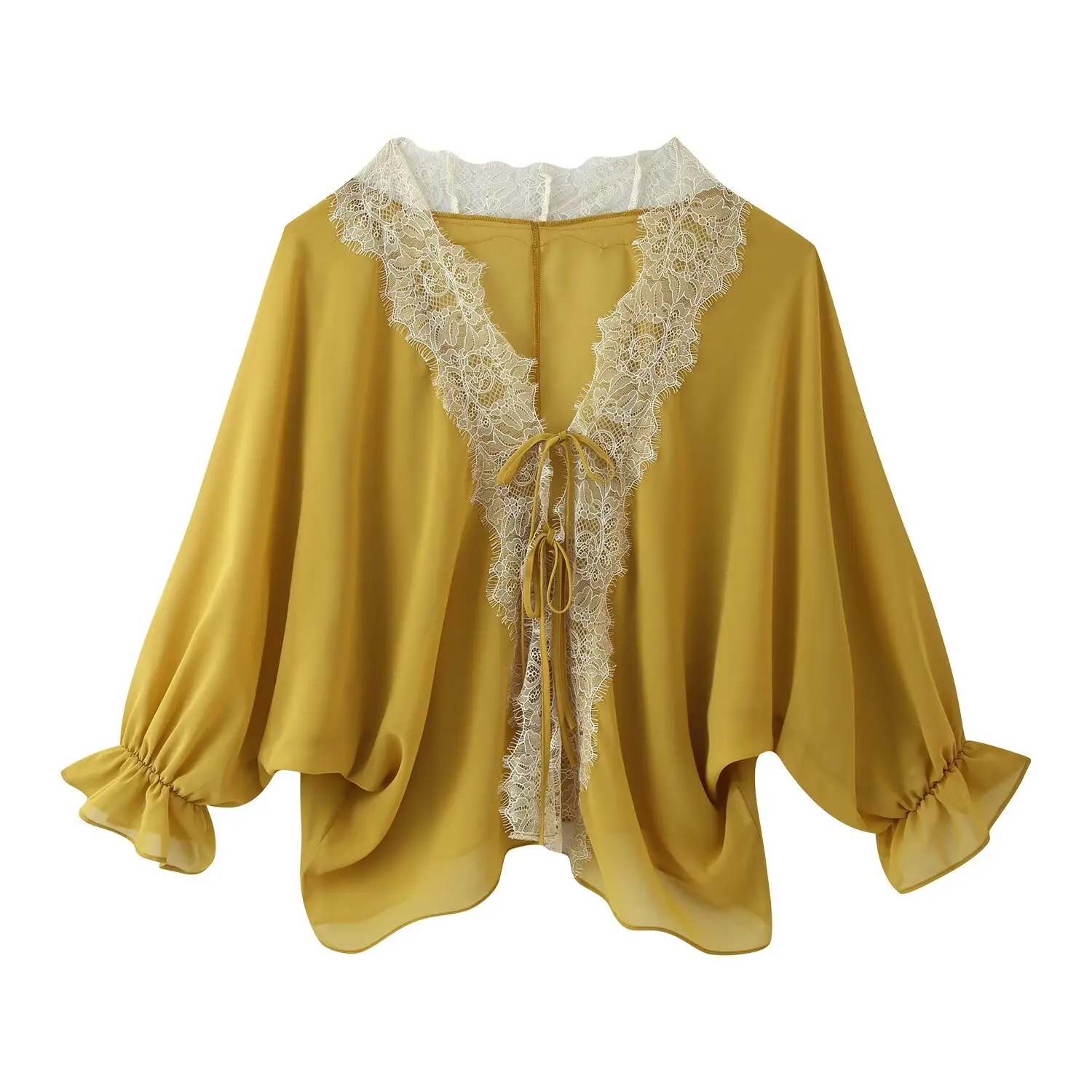 DUOPERI Women Lace Chiffon Blouse Deep V Neck Tie Front Puff Ruffle Sleeve Female Chic Lady Loose Casual Shirts
DUOPERI Women Lace Chiffon Blouse Deep V Neck Tie Front Puff Ruffle Sleeve Female Chic Lady Loose Casual Shirts