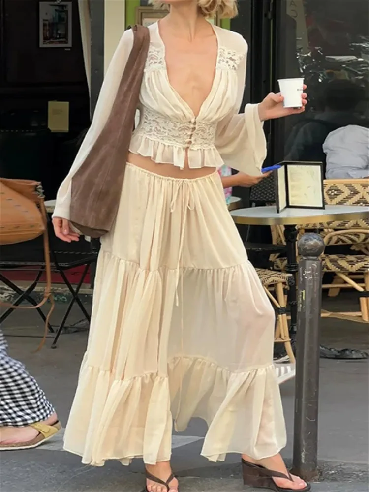 French Resort Style Fairy 2 Piece Sets Deep V Neck Lace Patchwork Short Chiffon Shirt Blouse&Drawstring A Line Long Skirt Suits
French Resort Style Fairy 2 Piece Sets Deep V Neck Lace Patchwork Short Chiffon Shirt Blouse&Drawstring A Line Long Skirt Suits