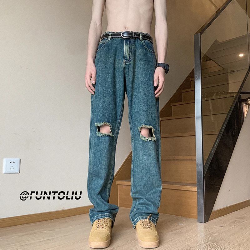 Ripped American Style Men's Jeans Summer High Street Design Loose Straight Leg Button Detail Trendy Vintage Flared Pants
Ripped American Style Men's Jeans Summer High Street Design Loose Straight Leg Button Detail Trendy Vintage Flared Pants