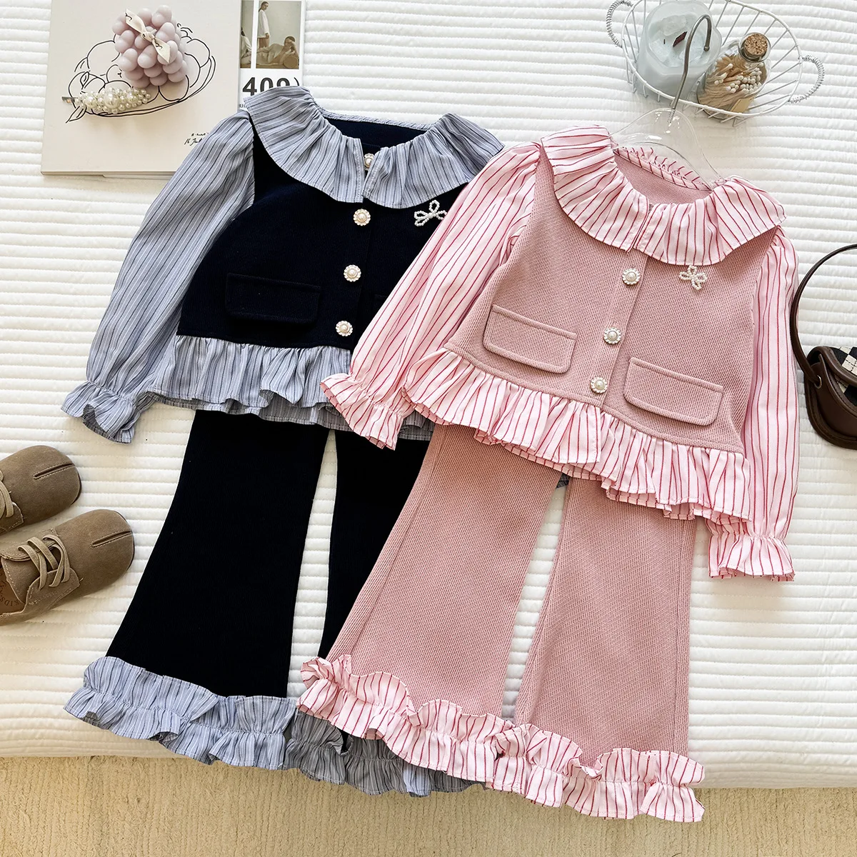 2026 Spring Girls 2Pcs Outfit, Striped Lapel Long Sleeve Shirt Ruffled Hem Pants Korean Style Casual Two Piece Set for 90-150cm
2026 Spring Girls 2Pcs Outfit, Striped Lapel Long Sleeve Shirt Ruffled Hem Pants Korean Style Casual Two Piece Set for 90-150cm