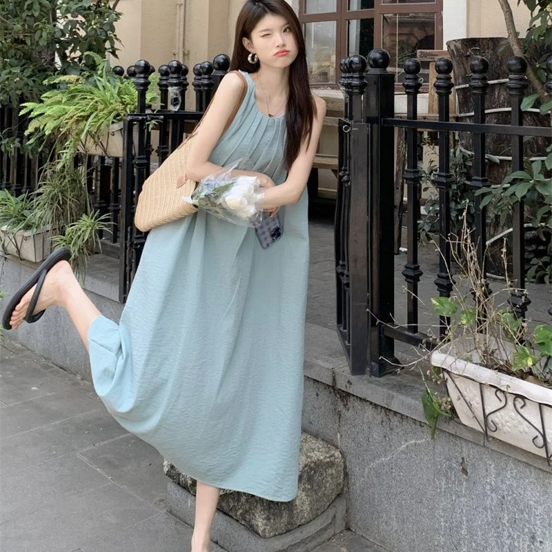 Women Ruched O Neck Long Dress Lady Loose Fit Cutout Backless Sleeveless Dress Female Korean Style City Walk Dress
Women Ruched O Neck Long Dress Lady Loose Fit Cutout Backless Sleeveless Dress Female Korean Style City Walk Dress