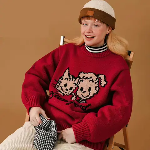 Bebobsons Women's Thick Warm Sweater Pullover Knitwear Cartoon Niche Design Knit Tops Lady's Cotton Jumper Harajuku Loose Winter