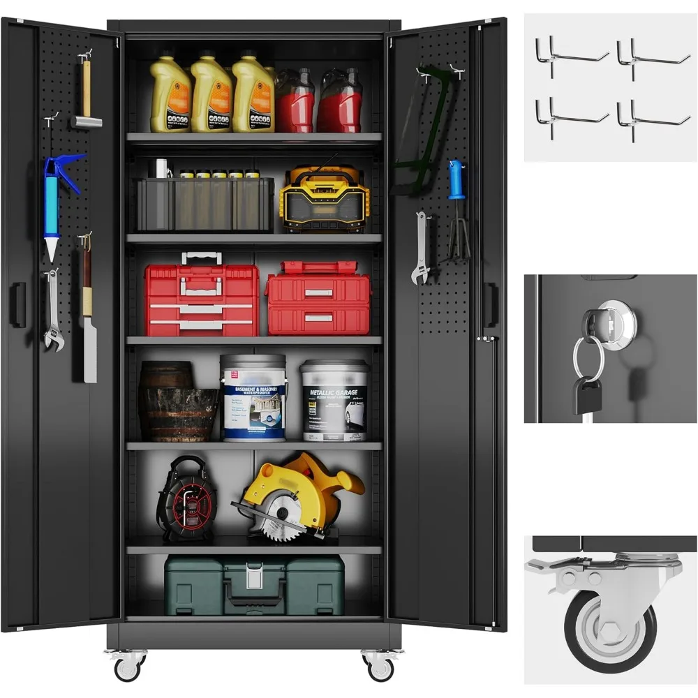 Metal Garage Cabinet with Pegboard and Hooks, Metal Storage Cabinet with Wheels and 5 Adjustable Shelves for Garage Home Office
Metal Garage Cabinet with Pegboard and Hooks, Metal Storage Cabinet with Wheels and 5 Adjustable Shelves for Garage Home Office