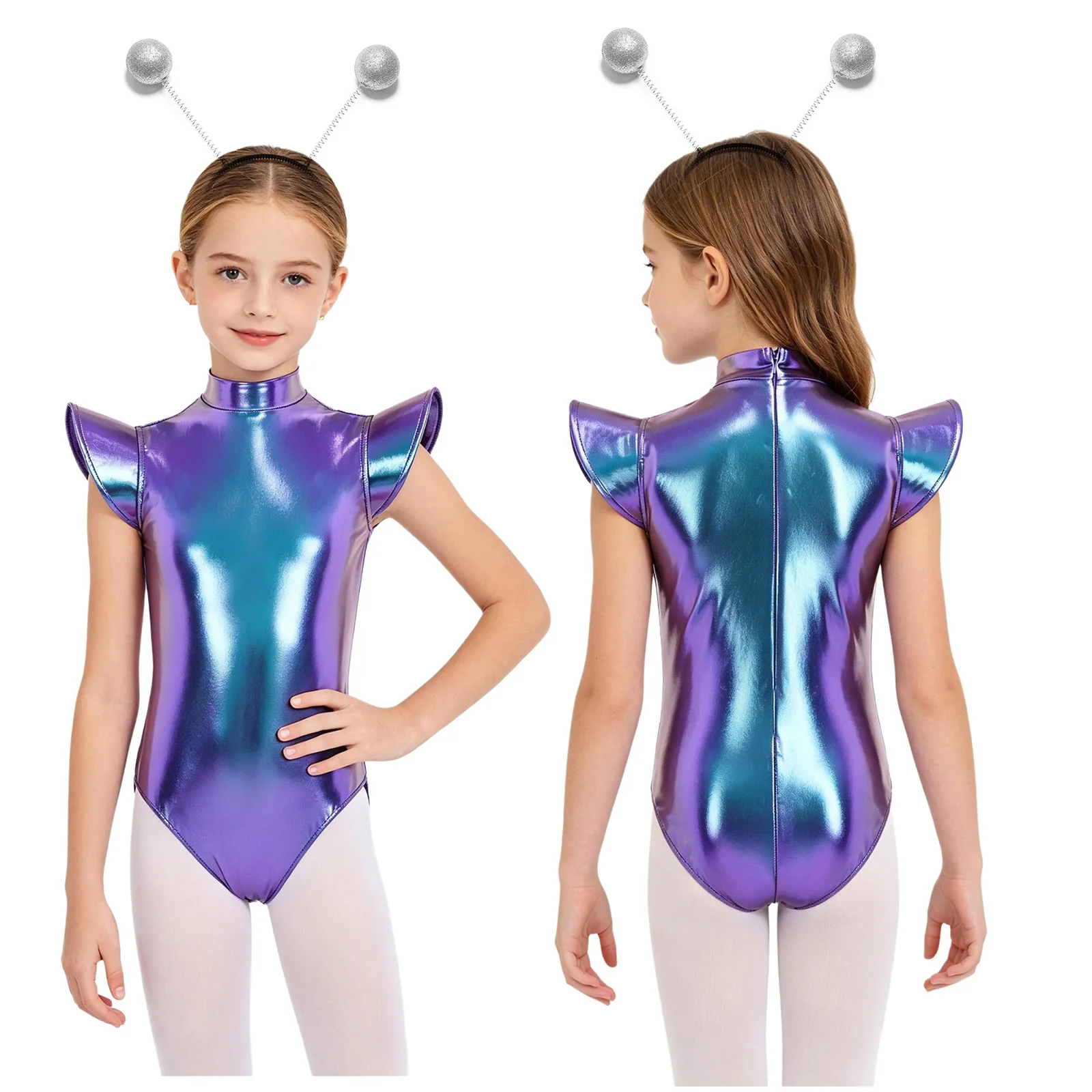 Kids Girls Alien Cosplay Costume Cap Sleeve Metallic Leotard Mock Neck Bodysuit with Hair Hoop for Gymnastics Dance Performance
Kids Girls Alien Cosplay Costume Cap Sleeve Metallic Leotard Mock Neck Bodysuit with Hair Hoop for Gymnastics Dance Performance