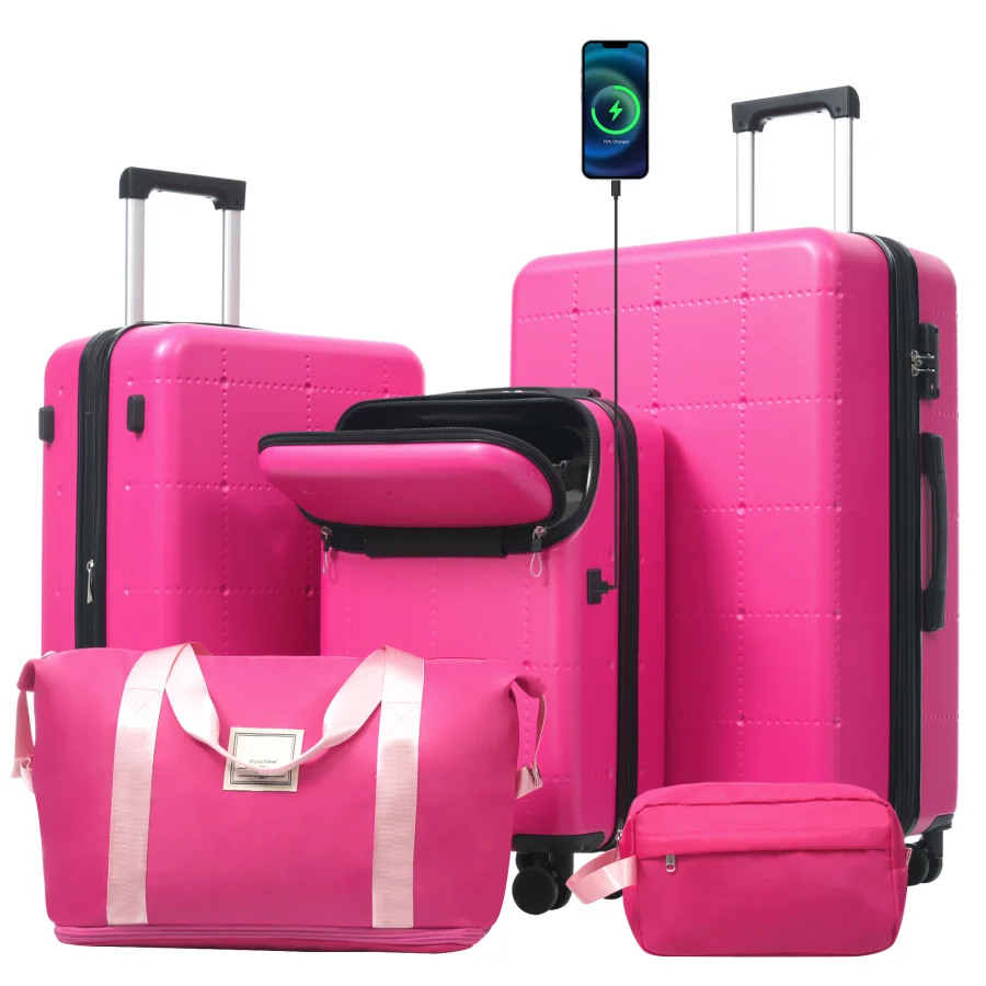 Hardside Luggage Set 5 Piece for Travel, Polycarbonate, Black, USB Charging Port + Expandable + Double Spinner Wheels + TSA Loc
Hardside Luggage Set 5 Piece for Travel, Polycarbonate, Black, USB Charging Port + Expandable + Double Spinner Wheels + TSA Loc