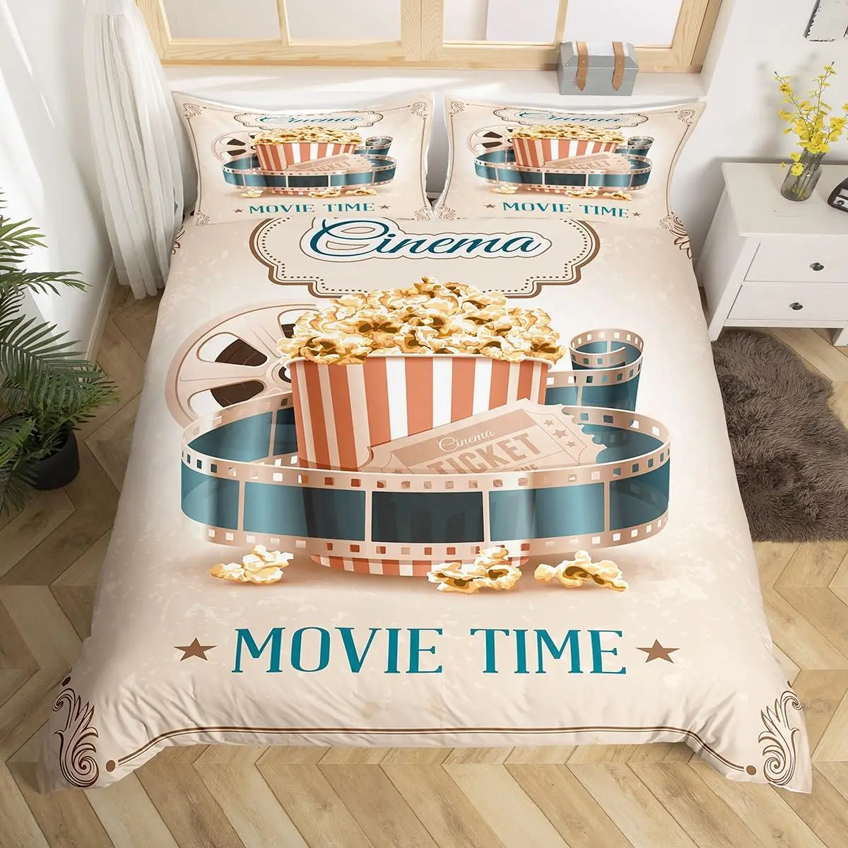 Vintage Cinema Duvet Cover Full, Film Strip Ticket Popcorn Bedding Set Home Movie Theater Comforter Cover Movie Theme Room Decor
Vintage Cinema Duvet Cover Full, Film Strip Ticket Popcorn Bedding Set Home Movie Theater Comforter Cover Movie Theme Room Decor