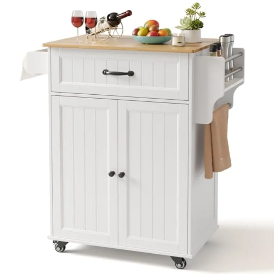 Kitchen Island Cart for Dining Room and Bar: White with Tabletop-Oak Color, Adjustable Shelf, Metal Wheels, Drawer, Storage Cab
Kitchen Island Cart for Dining Room and Bar: White with Tabletop-Oak Color, Adjustable Shelf, Metal Wheels, Drawer, Storage Cab