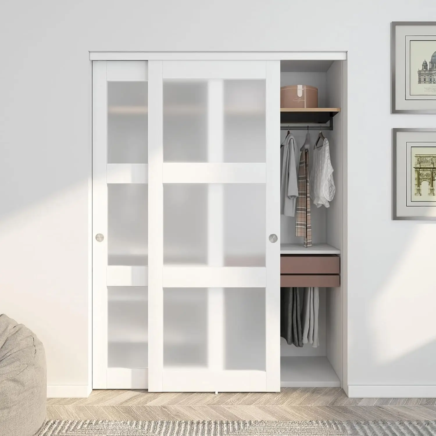 JUBEST Sliding Closet Door 60"(Double 31") x 80", 3-Lite Frosted Glass Bypass Door with Hardware Kit & Matching Fascia
JUBEST Sliding Closet Door 60"(Double 31") x 80", 3-Lite Frosted Glass Bypass Door with Hardware Kit & Matching Fascia