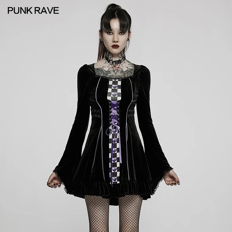 

PUNK RAVE Women's Goth Lolita Plaid Spliced Elastic Velvet Dress Club Party Micro Flare Sleeve Girls Playful Dresses Autumn