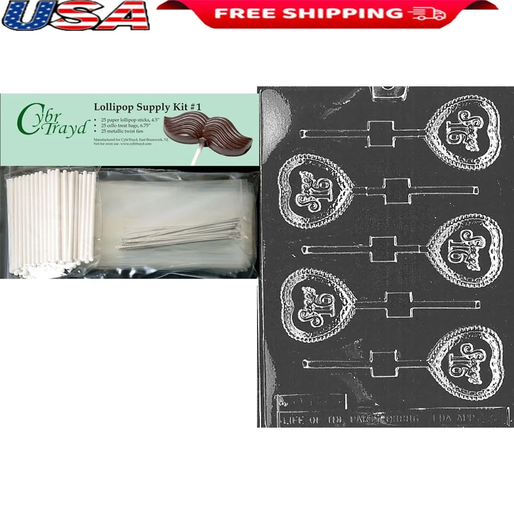 Sweet 16 Lollipop Chocolate Candy Mold Kit with 25 Lollipop Sticks Cello Bags Silver Twist Ties Kids Party Baking 
Sweet 16 Lollipop Chocolate Candy Mold Kit with 25 Lollipop Sticks Cello Bags Silver Twist Ties Kids Party Baking