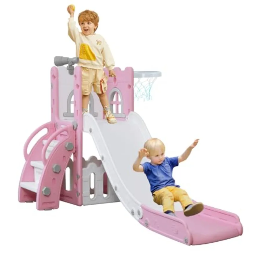 6 in 1 Toddler Slide, Climber Slider for Indoor Outdoor Playground with Basketball Hoop, Storage and Telescope, L Shaped Slide
6 in 1 Toddler Slide, Climber Slider for Indoor Outdoor Playground with Basketball Hoop, Storage and Telescope, L Shaped Slide