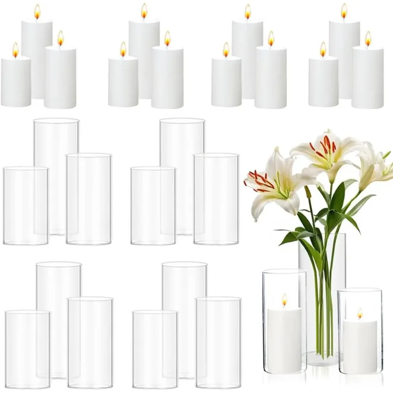 Set of 12 Pillar Candles and Glass Cylinder Vases Clear Cylinder Candle Holders for Slim Pillar Candles Wedding Table Centerpiec 
Set of 12 Pillar Candles and Glass Cylinder Vases Clear Cylinder Candle Holders for Slim Pillar Candles Wedding Table Centerpiec
