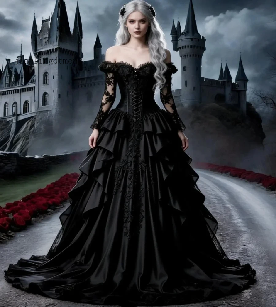 Black Gothic Prom Dress Evening Gown Off Shoulder Lace Corset Tiered Satin Skirt with Floral Lace Details Customized
Black Gothic Prom Dress Evening Gown Off Shoulder Lace Corset Tiered Satin Skirt with Floral Lace Details Customized